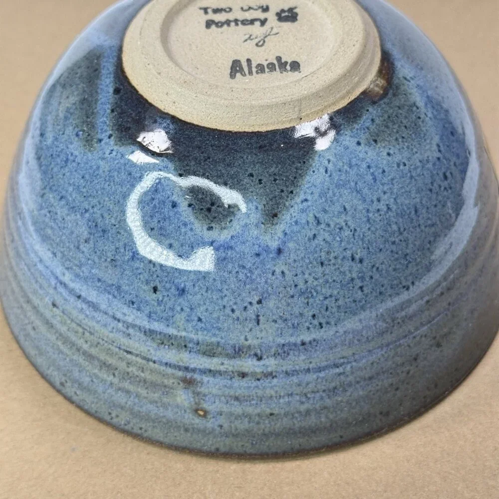 Two Dog Pottery Alaska Bowl Noodle Chopstick Blue Speckled Glazed Ceramic Swirl